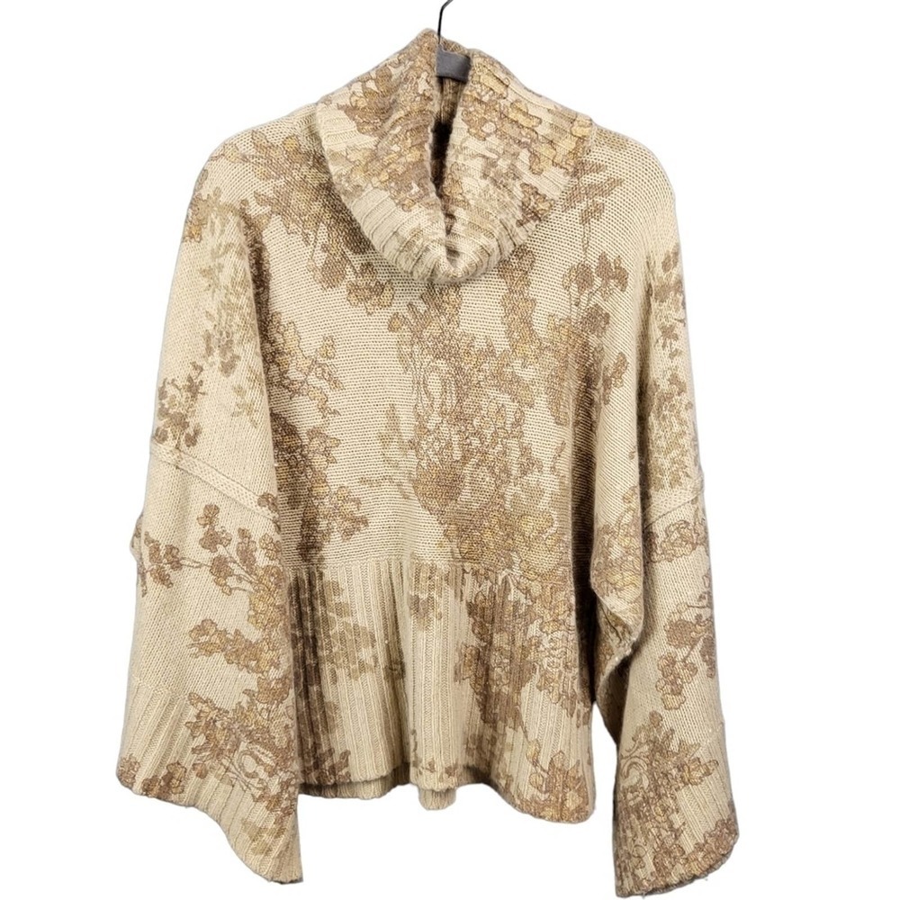 Calvin Klein Jeans Cowl Turtle Neck Wide Sleeve Floral Beige Sparkle Sweater